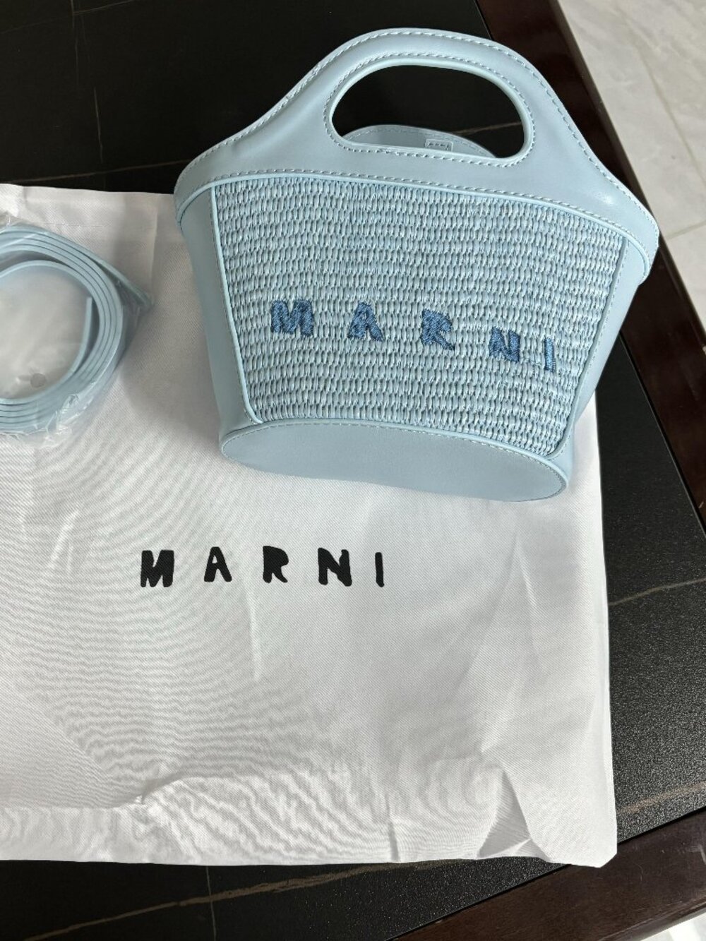 💙Marni Light Blue Raffia Mini Basket Handbag Removable Crossbody Strap